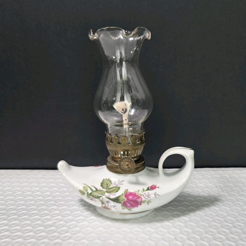 Vtg Small "Genie Lamp" Porcelain Floral Base Hurricane Chimney Globe MCM 60's